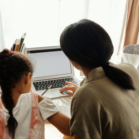 Woman and child sitting in front of a laptop